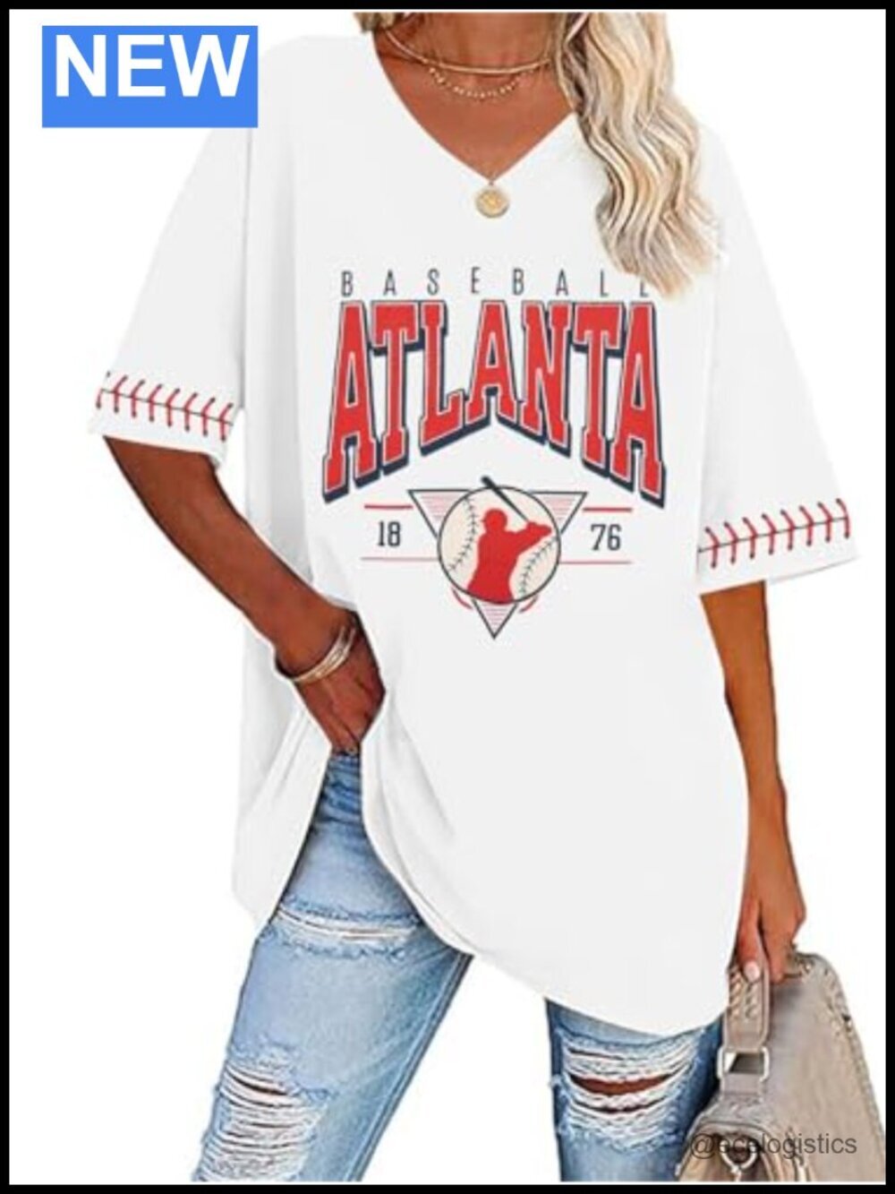 Oversized Baseball Tee V-Neck Short Sleeve Cotton Blend Game Day Top